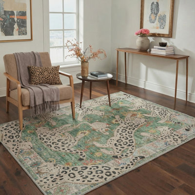 Allandale Lynx Animal Print Machine Washable Spotted Leopard / Sage Indoor Area Rug With Non-Slip Backing