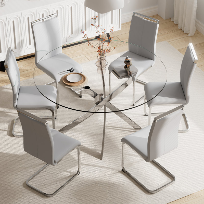 Ensemble de table de salle à manger 7 pièces, table ronde en verre trempé de 47 pouces et 6 chaises de salle à manger rembourrées.