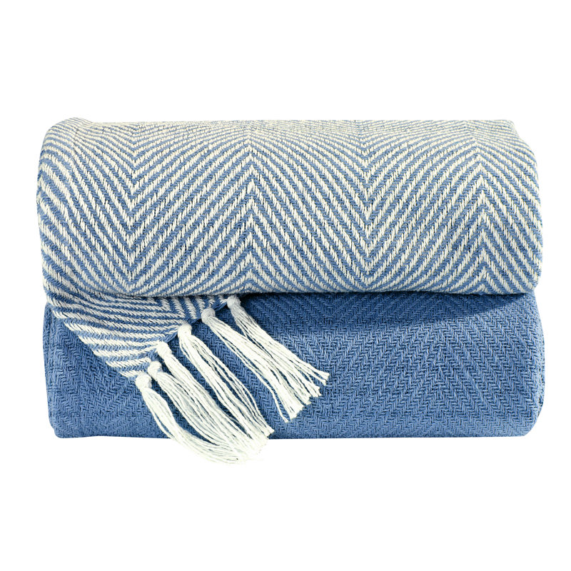 Jeté 100% coton, Bleu, Chervon / couleur unie