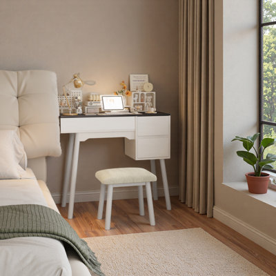 Bureau de coiffeuse avec miroir rabattable, ensemble de coiffeuse avec fauteuil, bureau de maquillage avec 2 tiroirs et 8 compartiments de rangement