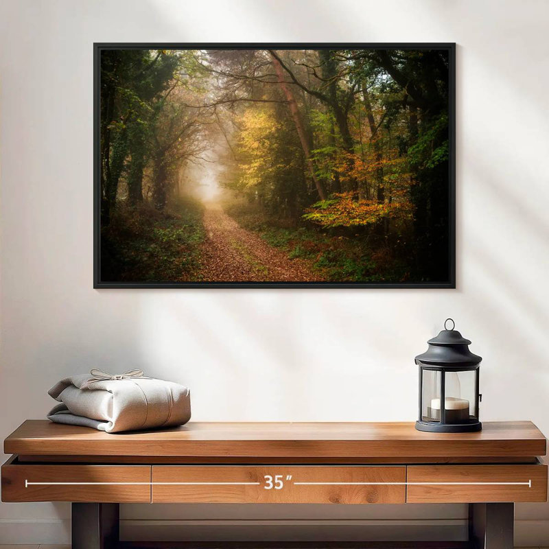Chemin dans la forêt d'automne, 25 po x 17 po, Cadre flottant noir