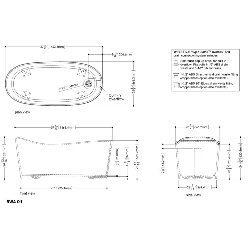 Wave 57.63" x 26.25" x 24.81" Freestanding Solid Surface Soaker Tub, Brushed Nickel, White True High Gloss