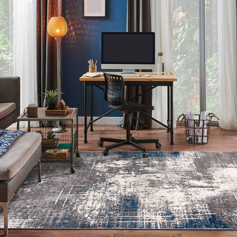 Tapis bleu / ivoire / gris Pownal, Rectangle 3 pi 4 po x 5 pi