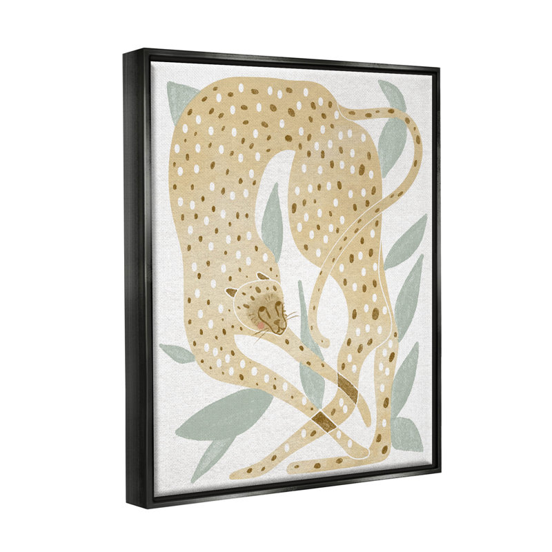 «Modern Cheetah Botanical Leaves - Floater Frame», impression sur toile, Cadre flottant noir de jais