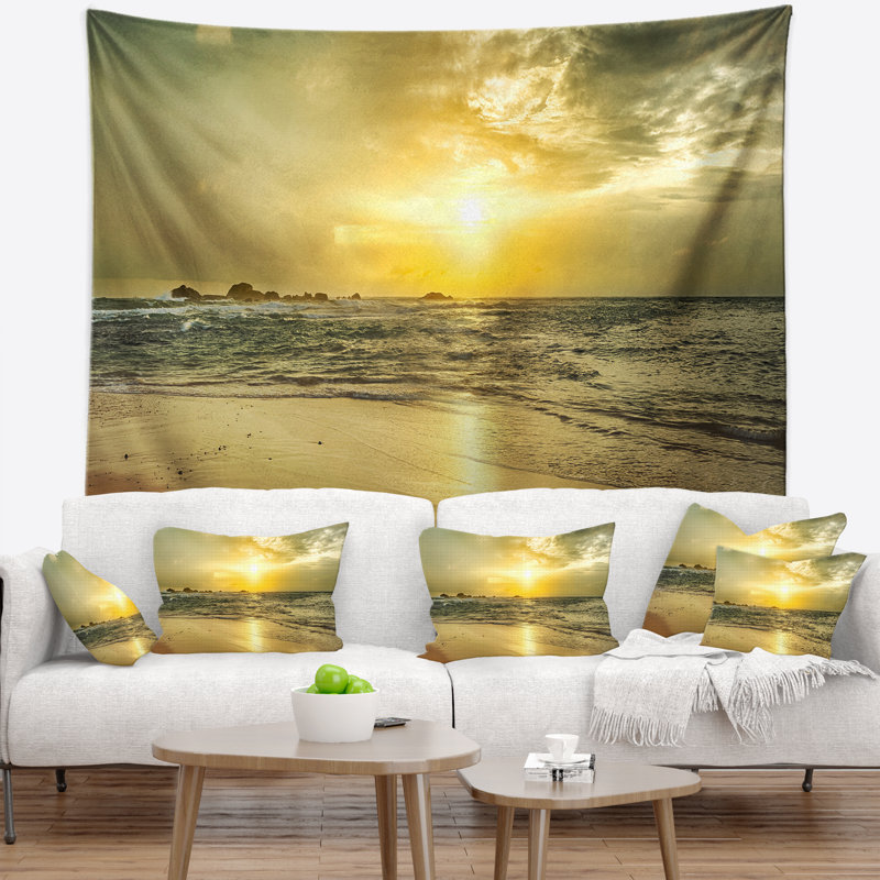 Coucher de soleil doré sur la mer tapisserie de la mer, H 50 po x l 60 po