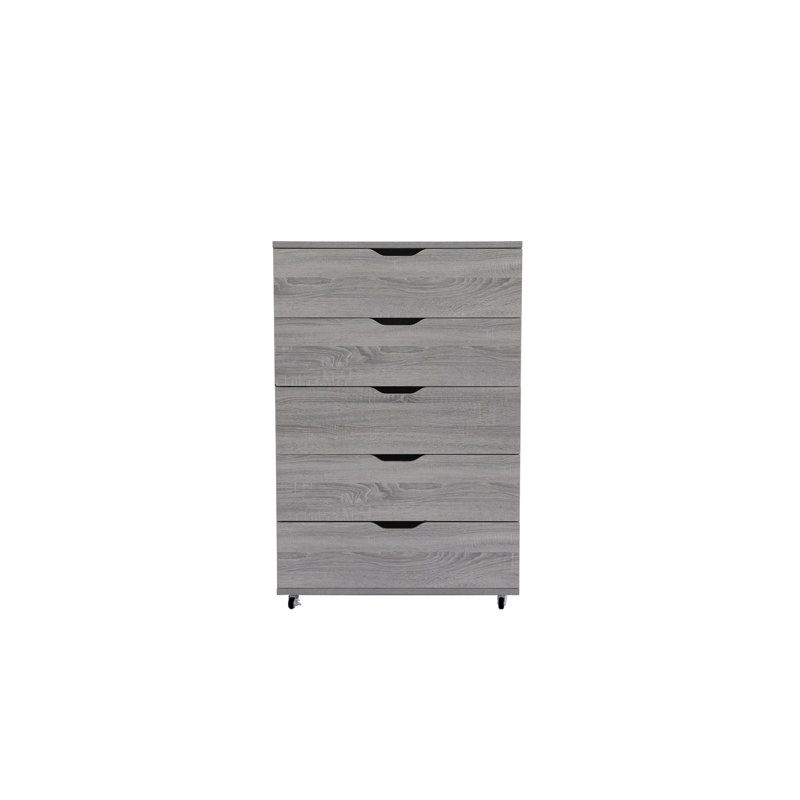 Commode à 5 tiroirs grise avec roulettes - Armoire de rangement moderne (comprend la commode seulement et non le miroir)