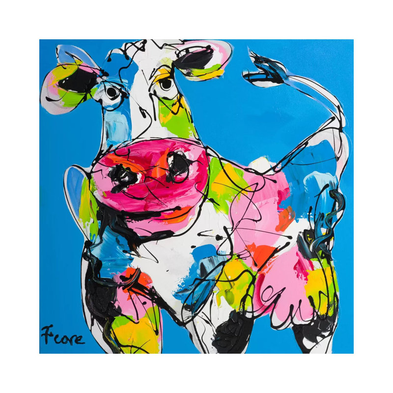Colourful Art Cow by Art Fiore - Wrapped Canvas Painting, 30.48 cm H x 30.48 cm W