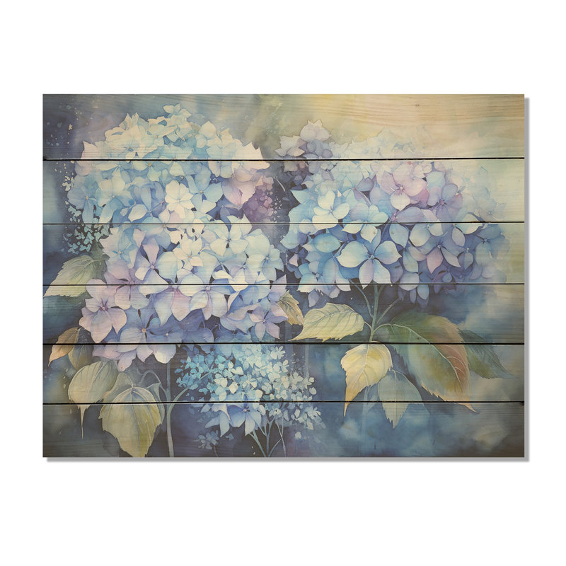 Blue Hydrangea Farmhouse Still Life I - Hydrangea Wood Wall Art On Natural Pine Wood, 10" H x 20" W