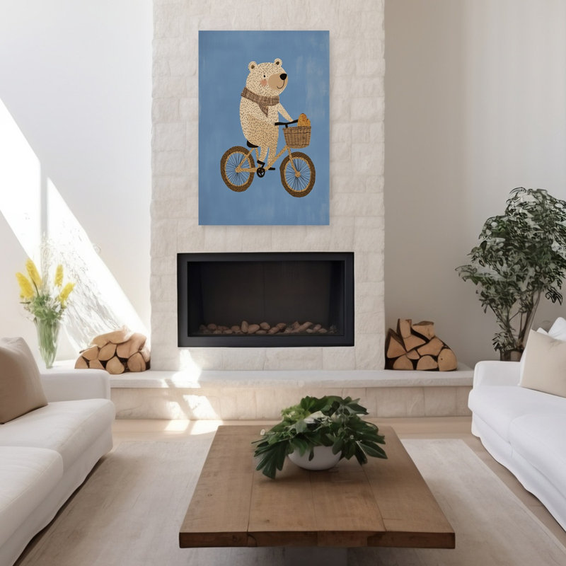 Mignon ours sur vélo, ours contemporain fantaisiste, impression d'art mural, H 48 po x l 32 po