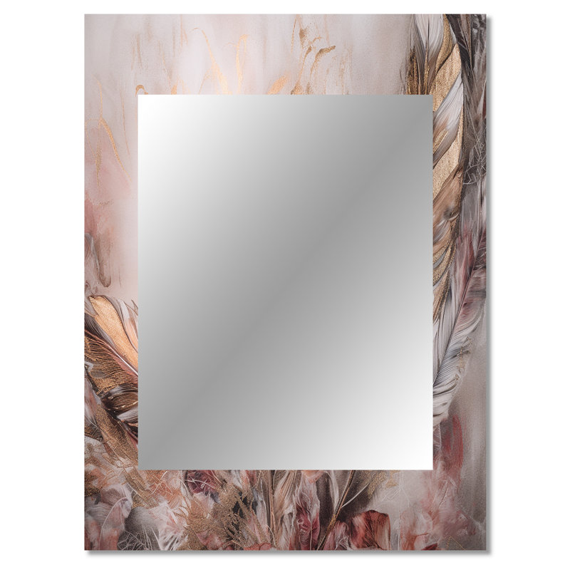 Gold Glamorous Feathers Of Boho Fantasy IV - Glam Feather Mirror, Modern Decorative Wall Mirror, Printed Metal Art, 40" x 30"