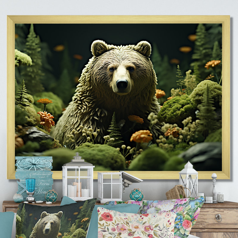 " Whimsical Grizzly Bears In Forest I ", Gold Picture Framed, 16" H x 32" W x 1" D