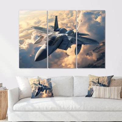 Fighter Jet In Action Above The Clouds - Train Wall Art Living Room Set