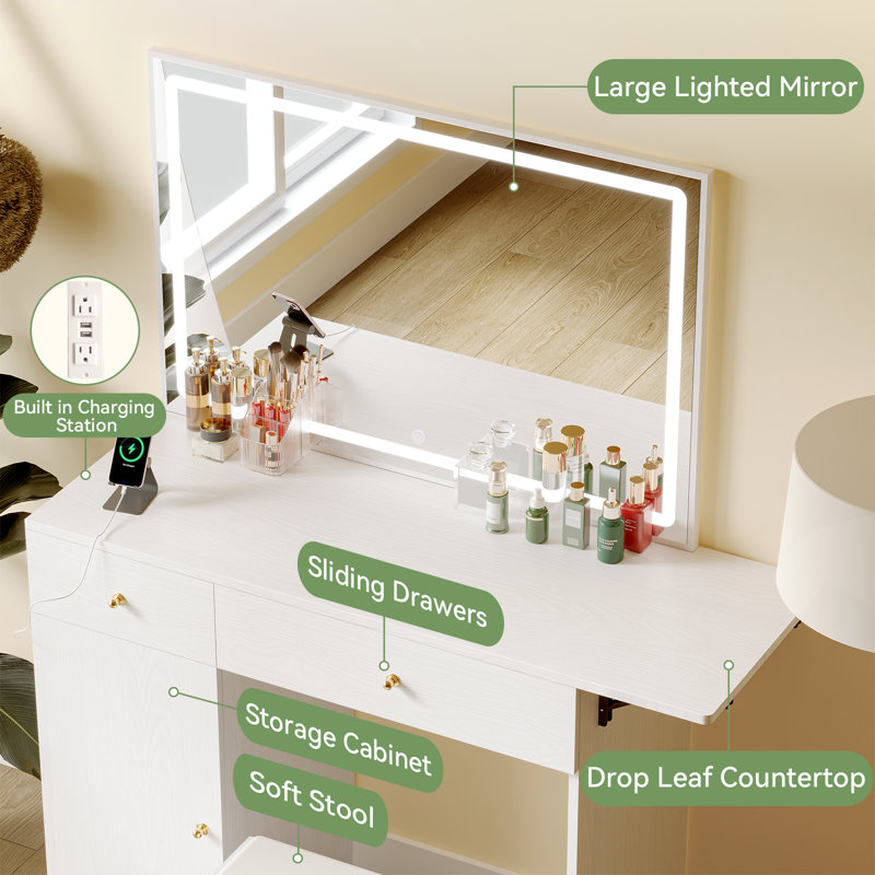 Vanity Desk With Mirror And Lights, Makeup Vanity Table Set With Charging Station & 2 Drawers And Foldable Table Extension Board, Bedroom Dressing Set With Chair, 3 Lighting Colours, White