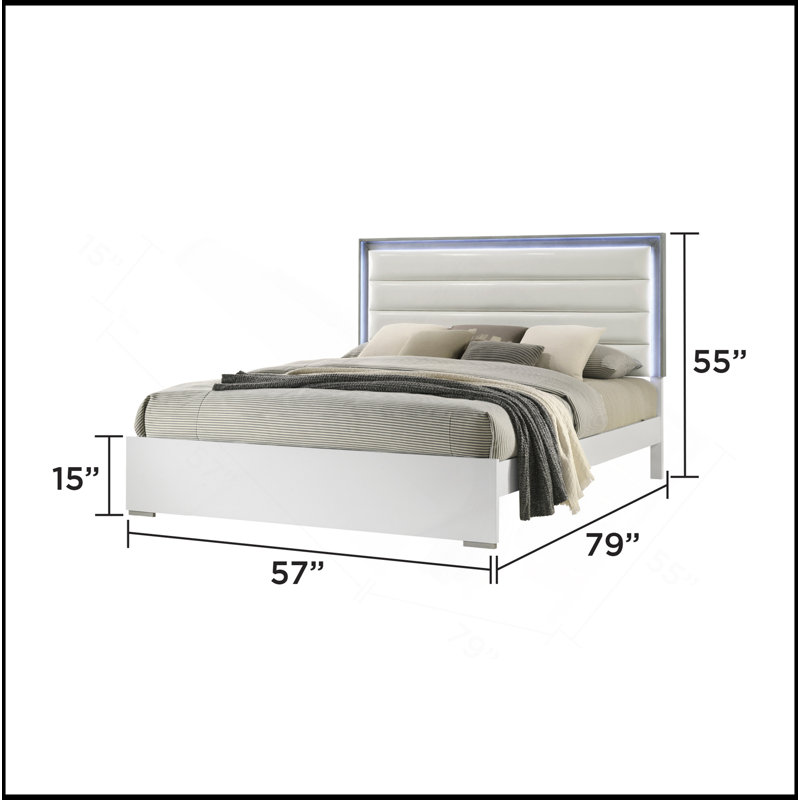 Lit de style contemporain Olivia avec tête de lit à DEL et bois blanc, Lit double