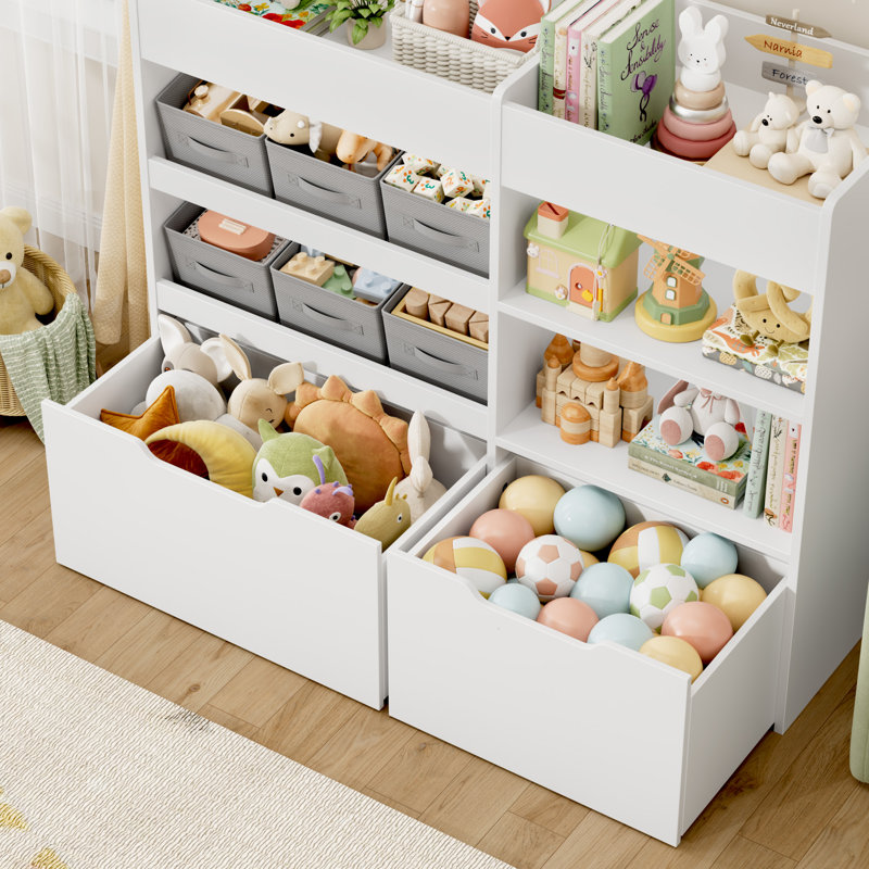 Toy Organizer with 6 Bins, 2 Drawers, 2 Bookshelves