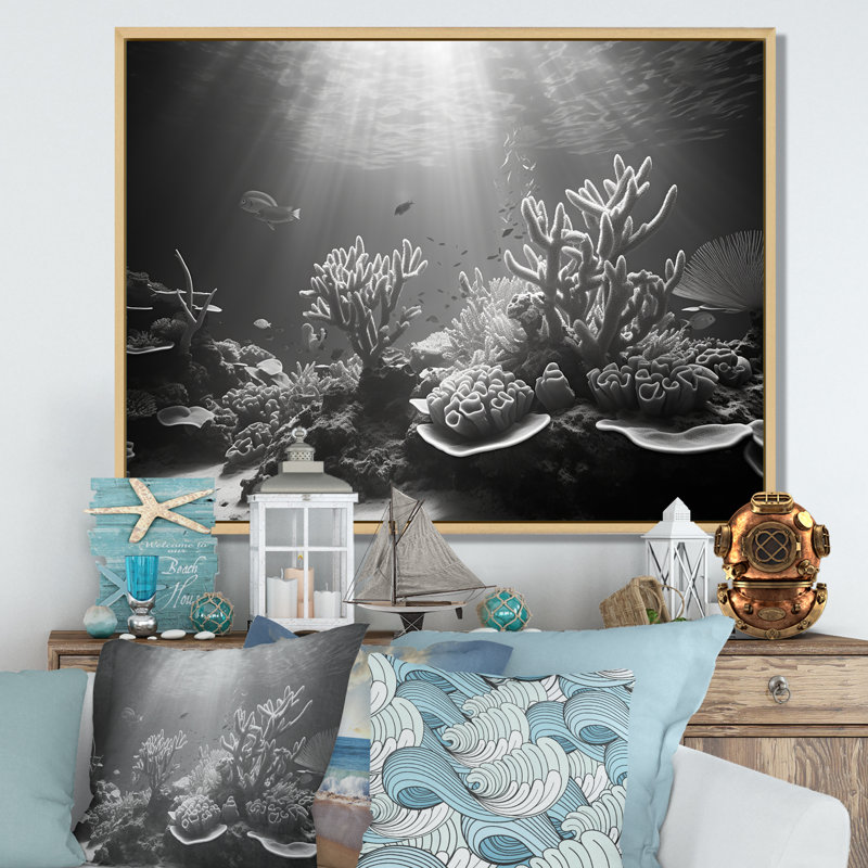 «Black and White Coral Ballet», reproduction d'art sur toile, H 34 po x l 44 po, Cadre naturel flottant