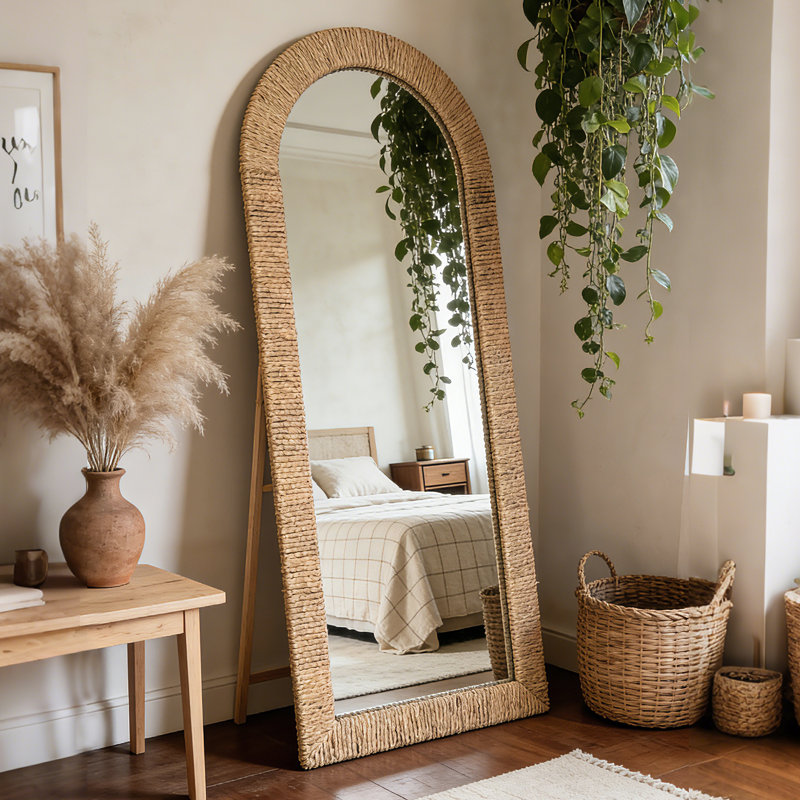 Miroir pleine longueur arqué tissé à la main pour salon, chambre à coucher, debout ou mural, H 71 po x l 31 po