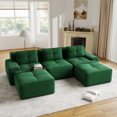 117'' W Modern U-Shaped Modular Sectional Sofa With Corduroy Upholstery, Deep Seats, Movable Ottoman, Tufted Cushions, And No-Assembly Design
