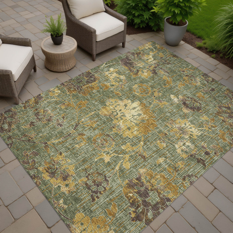 Machine Washable Indoor/Outdoor Chantille ACN2616 Floral Rug, Olive, 2'6" x 3'10"