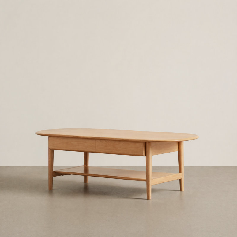 47"W Solid Oak Mid-Century Modern Coffee Table with Drawer and Storage Shelf, Natural Oak, 16.54" H x 47.24" L x 22.05" W