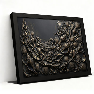 Toile noire encadrée en bois noir pour salon, chambre à coucher, bureau ou vestibule - décoration murale décorative avec relief marin