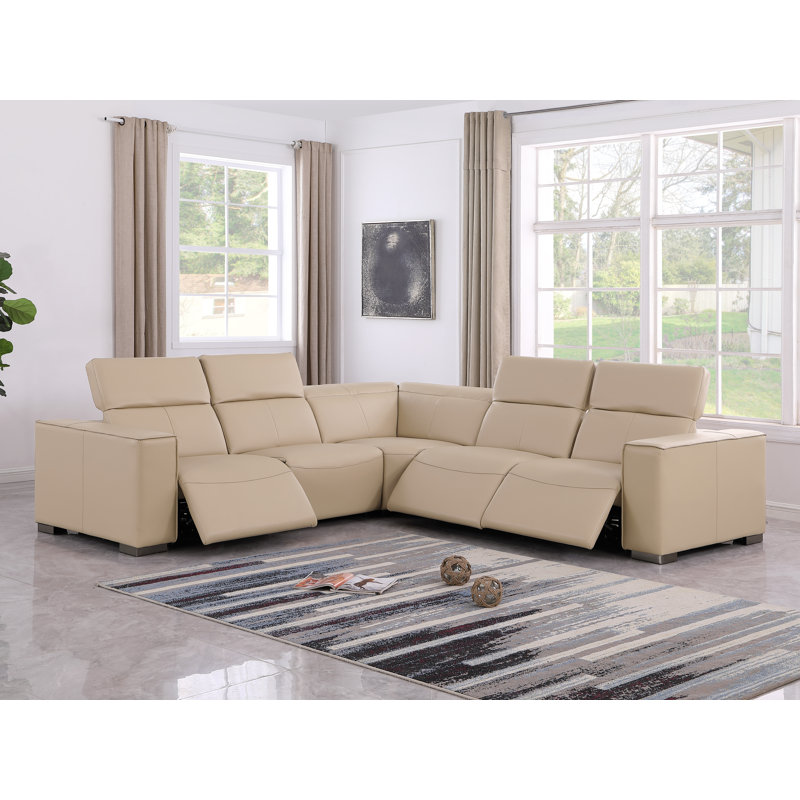 Luxurious Genuine Leather 5-Piece Sectional With 3 Power Reclining Seats & Power Headrest, Beige