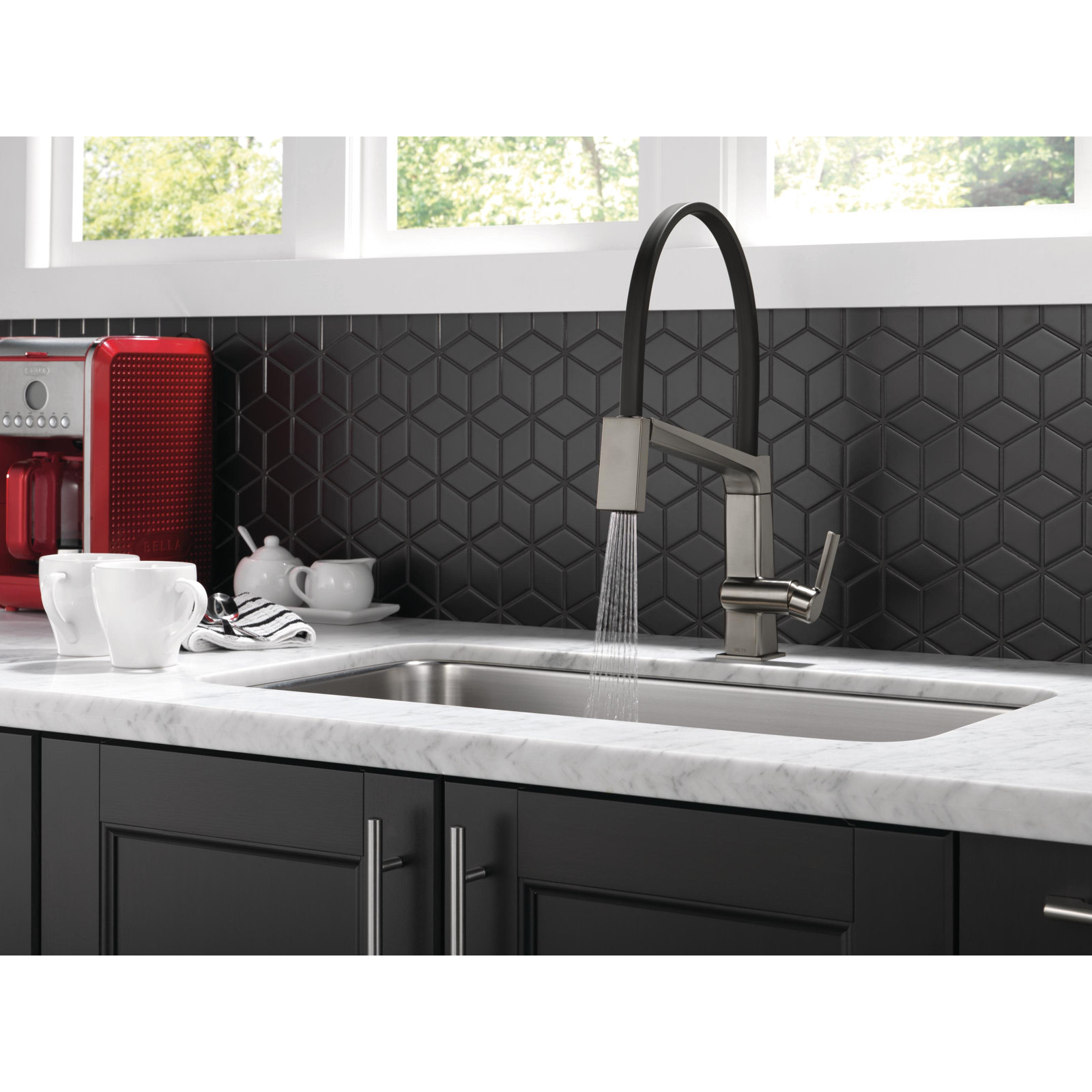 Pivotal Exposed Hose Kitchen Faucet, Black Stainless