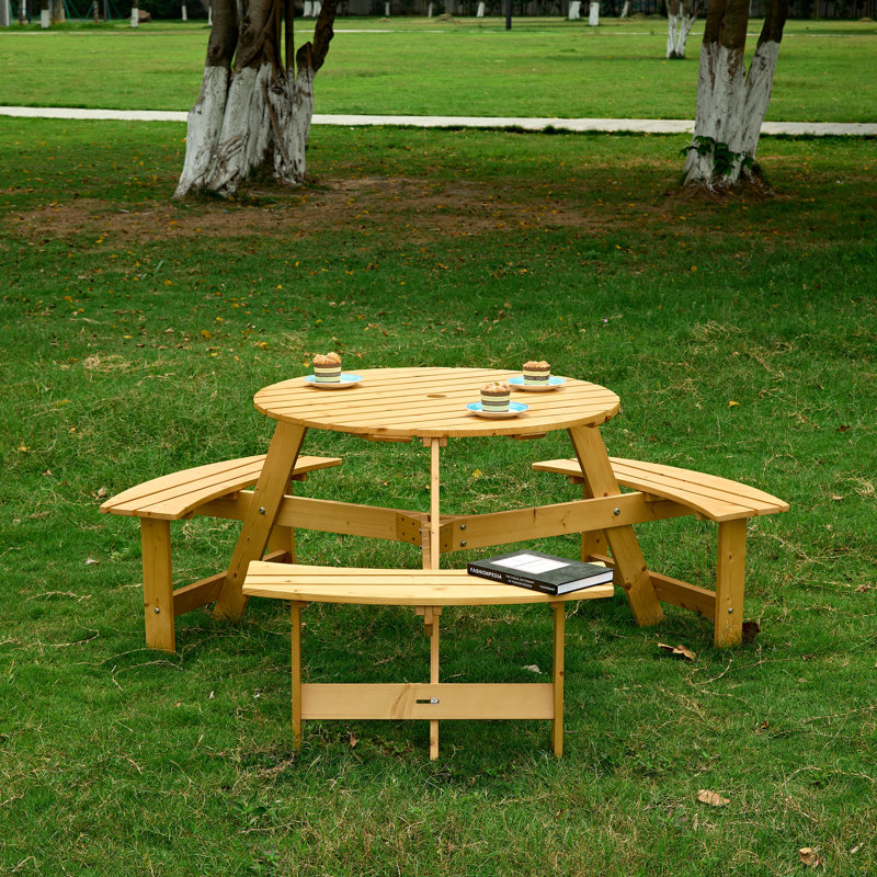 Outdoor 6 Person Picnic Table, 6 Person Round Picnic Table With 3 Built-In Benches, Umbrella Hole, Outside Table And Bench Set For Garden, Backyard, Porch, Patio,  Natural