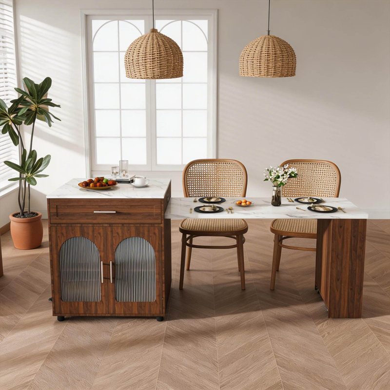 Table de salle à manger extensible 80 po pour îlot de cuisine, comptoir en grain de marbre avec prise de courant, station de préparation de cuisine avec support à vin