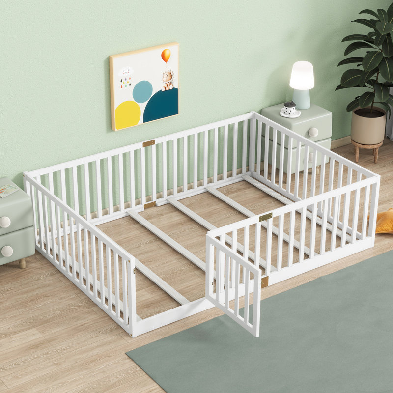 Kids Floor Bed With High Fence And Lockable Door Solid Wood Platforms Standard Bed, Full, White