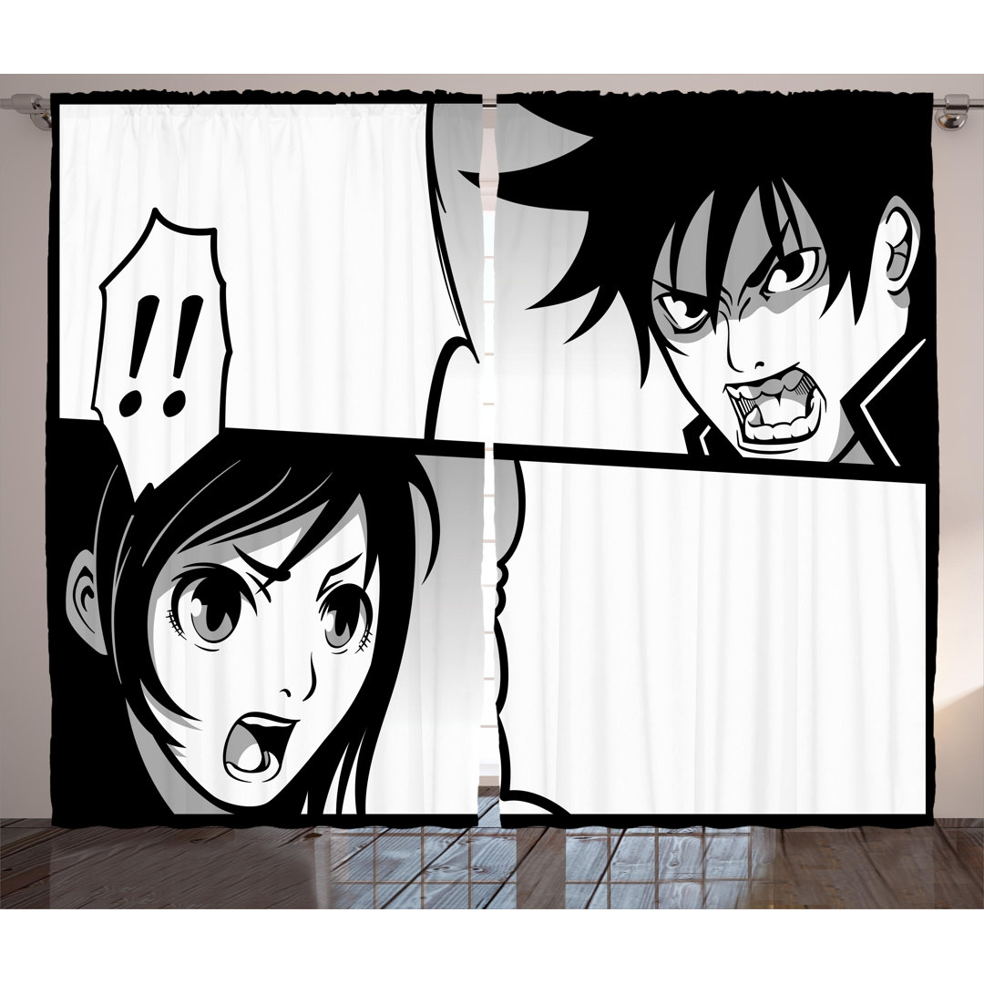 Anime Japanese Comics Strip with Boy and Girl Fight Scene Manga Image Cartoon Print Graphic Print & Text Semi-Sheer Rod Pocket Curtain Panels (Set of 2) East Urban Home Size per 