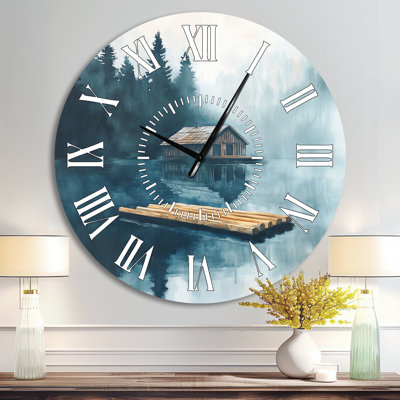 Horloge murale rustique verte en métal, style chalet en bois et radeau sur un lac - Grande horloge murale en métal vert