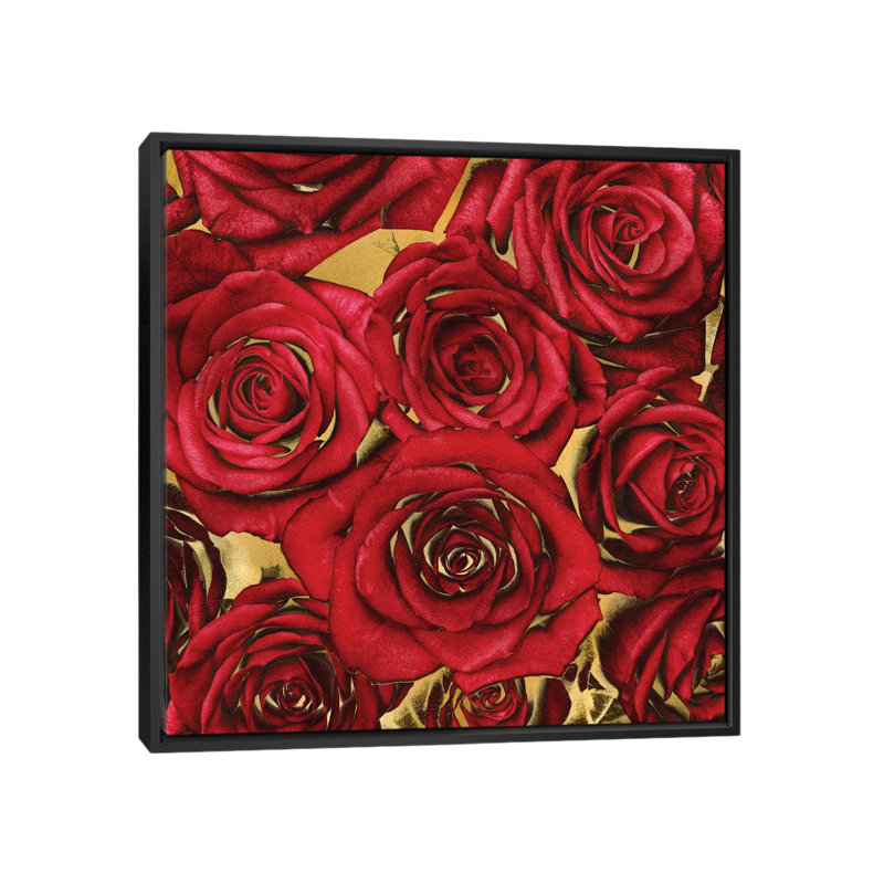 « roses-rouge on gold », impression sur toile, H 18 po x l 18 po x P 1,5 po, Toile avec cadre noir, Pas de tapis
