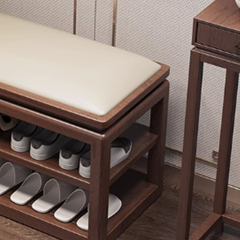 Upholstered Shoe Stool, Walnut/Beige