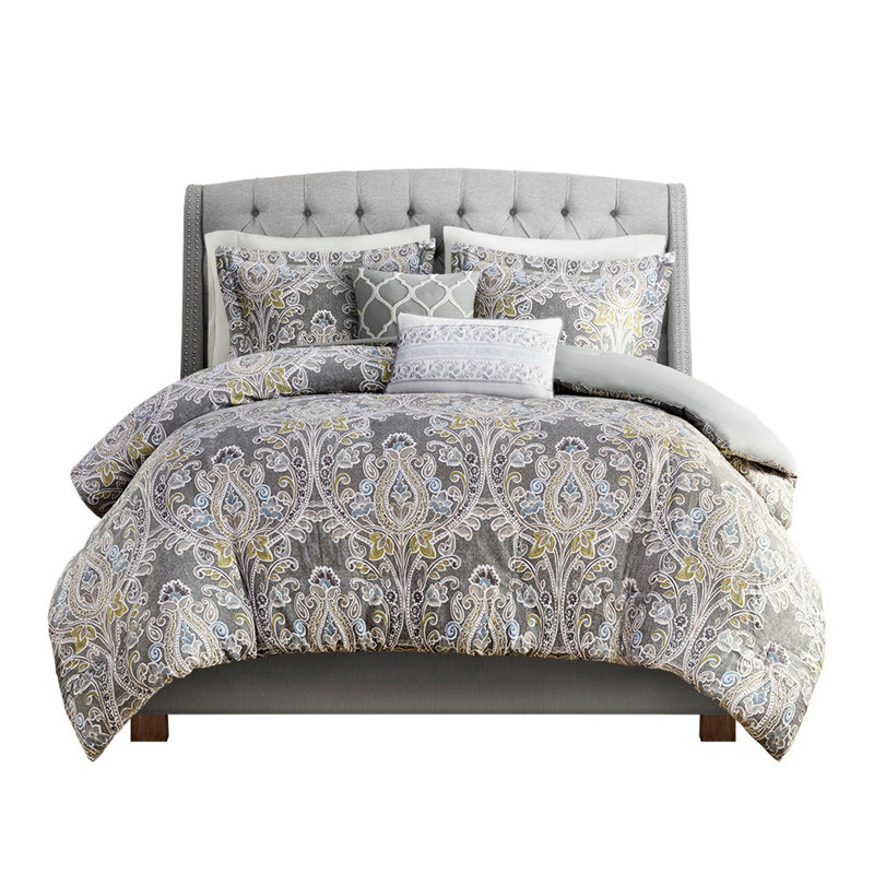 Housse de couette 5 pièces en coton gris / double / grand avec coussins décoratifs de couleur unie 5 pièces