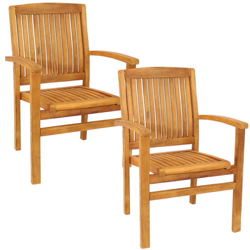 Sunnydaze Teak Wood Slat-Back Patio Dining Armchairs Set