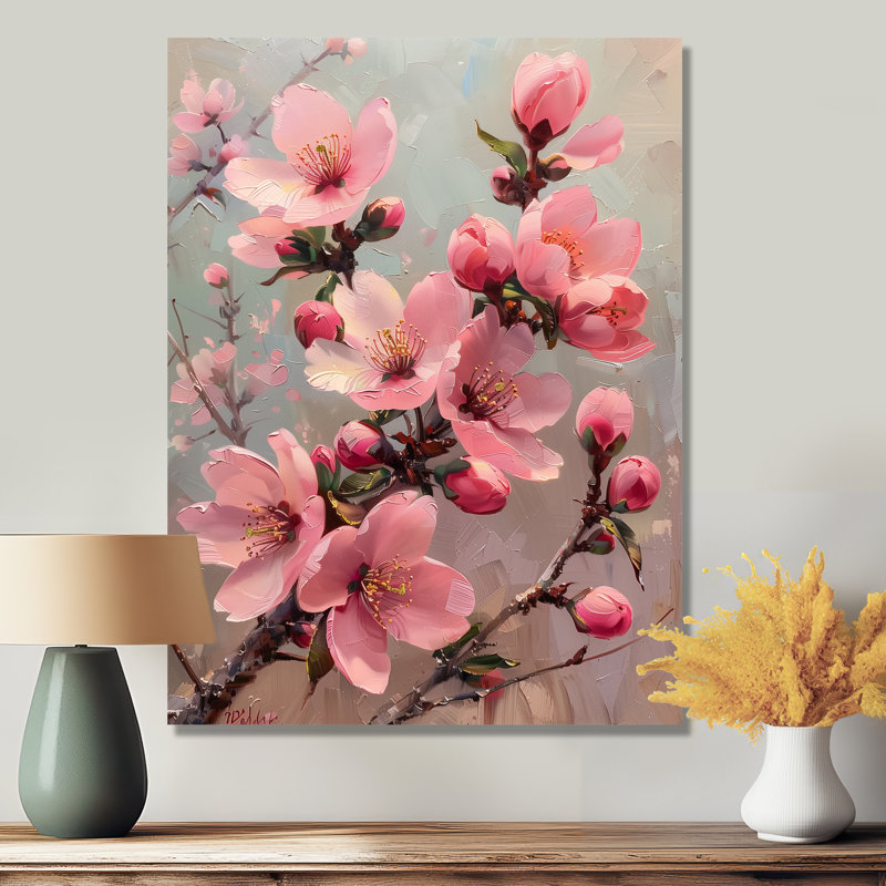 Fleur de cerisier rose et gris, Métal métal, H 44 po x l 34 po