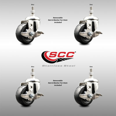 316SS Soft Rubber Wheel Swivel Threaded Stem Caster Set Brake