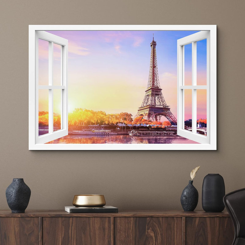 «Window View Parisian Tower Eiffel Sunset Sunset Nature Nature Scenic Landscape» sur toile, H 32 po x l 48 po