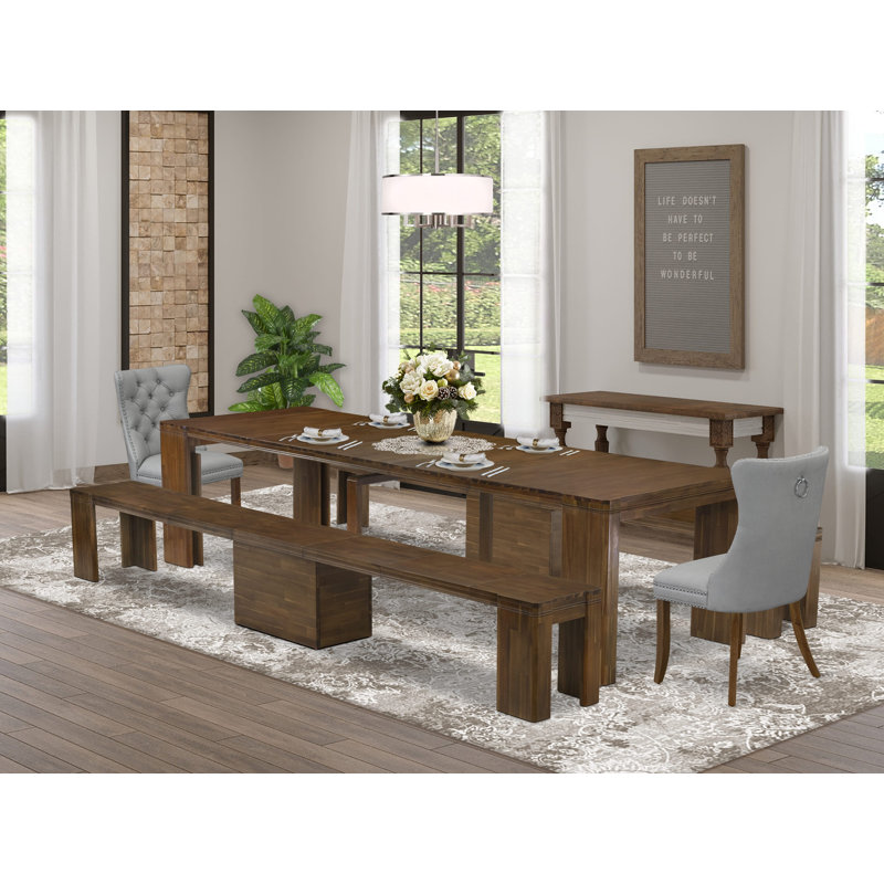 Ensemble de salle à manger extensible 5 pièces comprenant une table rectangulaire, 2 chaises de salle à manger en polyester gris clair et 2 bancs modernes, noyer antique