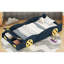 Lit plateforme simple en forme de voiture de course avec roues et rangement, bleu foncé et jaune-133696220-133696219