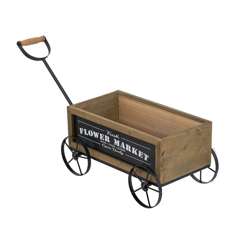 Chariot rustique 42 x 24 x 20 cm, jardinière en sapin et métal, brun et noir