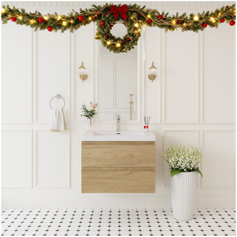 Meuble-lavabo mural de 30 po avec lavabo, meuble-lavabo mural moderne avec lavabo à surface solide et tiroirs à fermeture en douceur, chêne naturel
