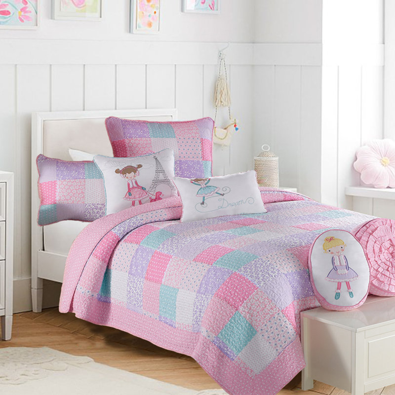 Ensemble de courtepointe réversible standard rose, bleu et mauve en coton à contexture de 180 fils Angelina