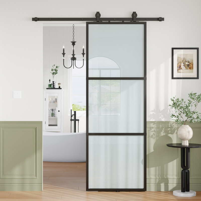 Black Aluminum and Frosted Glass Sliding Barn Door with Hardware Kit