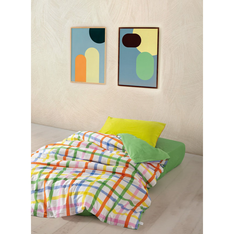 Ensemble de housse de couette simple 100% coton Ranforce, 53,1 po x 78,7 po (couette) et 31,5 po x 31,5 po (taie d'oreiller) | Lavable à la machine à 104 ° F, impression réactive, enveloppe et fermeture à boutons | Vert éclatant, blanc, orange, bleu, jaune