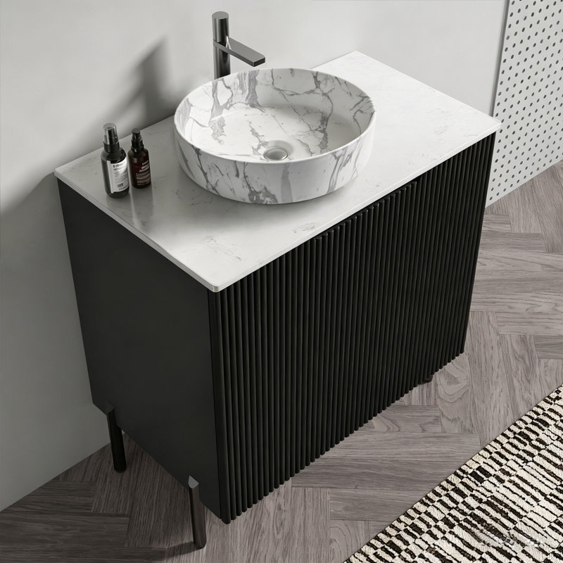 Meuble-lavabo simple 30 po avec plateau en pierre d'ingénierie Nivaeh, Oval, Noir