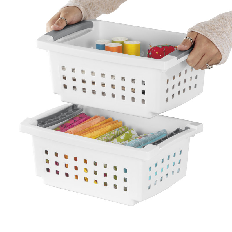 Sterilite Small Stacking Basket, Open Top Storage Bin w/ Handles, 4 Pack, White