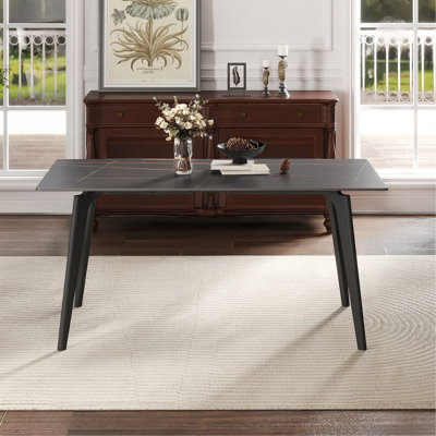 Table de salle à manger 55,12 po en pierre artificielle moderne à rebord droit noir et pieds en métal noir pouvant accueillir 6 personnes
