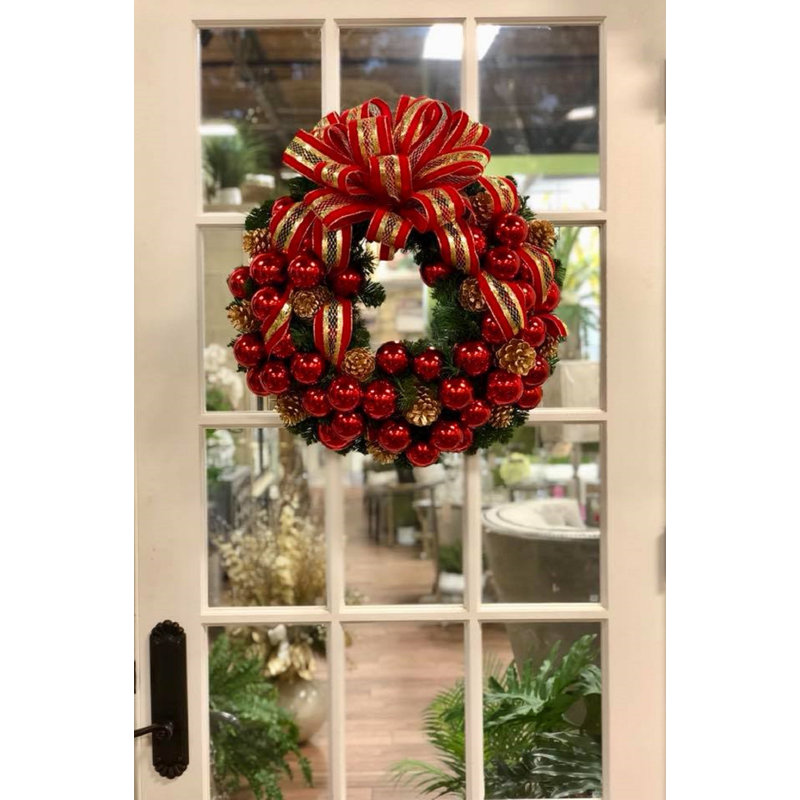 Holiday Wreath with Red Ornaments, Pinescones and Red and Gold Ribbon